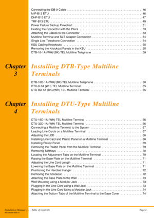 Page 8Installation Manual  •  •  •  Table of ContentsPage 2A6-506000-642-01
Connecting the DB-9 Cable  . . . . . . . . . . . . . . . . . . . . . . . . . . . . . . . . . . . . . . . . . . . . . . . . 46
MIF-B13 ETU  . . . . . . . . . . . . . . . . . . . . . . . . . . . . . . . . . . . . . . . . . . . . . . . . . . . . . . . . . . .46
DHP-B13 ETU  . . . . . . . . . . . . . . . . . . . . . . . . . . . . . . . . . . . . . . . . . . . . . . . . . . . . . . . . . .47
TRF-B13 ETU   . . . . . . . . . . . . . . . . . ....