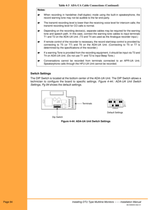 Page 96Page 84Installing DTU Type Multiline Monitors  •  •  •  Installation Manual
A6-506000-642-01
Switch Settings
The DIP Switch is located at the bottom center of the ADA-UA Unit. The DIP Switch allows a
technician to configure the board to specific settings. Figure 4-44:: ADA-UA Unit Switch
Settings, Pg 84 shows the default settings. 
Figure 4-44: ADA-UA Unit Switch Settings Notes:
☛When recording in handsfree (half-duplex) mode using the built-in speakerphone, the
record warning tone may not be audible to...