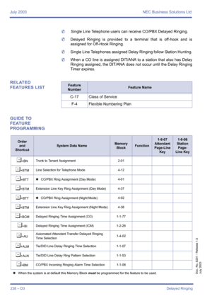 Page 248July 2003 NEC Business Solutions Ltd
238 – D3Delayed Ringing
Doc. No. 8201 - Release 1.0
July 2003
	Single Line Telephone users can receive CO/PBX Delayed Ringing.
	Delayed Ringing is provided to a terminal that is off-hook and is
assigned for Off-Hook Ringing.
	Single Line Telephones assigned Delay Ringing follow Station Hunting.
	When a CO line is assigned DIT/ANA to a station that also has Delay
Ringing assigned, the DIT/ANA does not occur until the Delay Ringing
Timer expires.
RELATED 
FEATURES LIST...