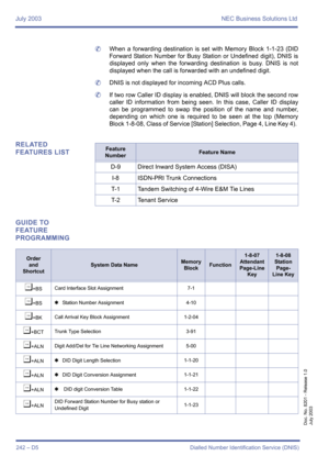 Page 252July 2003 NEC Business Solutions Ltd
242 – D5 Dialled Number Identification Service (DNIS)
Doc. No. 8201 - Release 1.0
July 2003
	When a forwarding destination is set with Memory Block 1-1-23 (DID
Forward Station Number for Busy Station or Undefined digit), DNIS is
displayed only when the forwarding destination is busy. DNIS is not
displayed when the call is forwarded with an undefined digit.
	DNIS is not displayed for incoming ACD Plus calls.
	If two row Caller ID display is enabled, DNIS will block the...