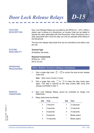 Page 293Features and Specifications Manual D15 – 283
Doc. No. 8201 - Release 1.0
July 2003
Door Lock Release RelaysD-15
FEATURE 
DESCRIPTIONDoor Lock Release Relays are provided by the DPH(4)-U(  ) ETU. While a
station user is talking to a Doorphone, an Access Code can be dialled to
operate the relay associated with that Doorphone. Each Doorphone has a
relay associated with it and the relay can only be operated while talking to
the Doorphone. 
The door lock release relay break time can be controlled by the...