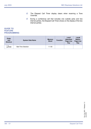 Page 310July 2003 NEC Business Solutions Ltd
300  - E1Elapsed Call Timer
Doc. No. 8201 - Release 1.0
July 2003
	The Elapsed Call Timer display clears when receiving a Tone
Override. 
	During a conference call that includes one outside party and two
internal parties, the Elapsed Call Timer shows on the display of the two
internal parties.
GUIDE TO 
FEATURE 
PROGRAMMING
Order
and
Shortcut
System Data NameMemory 
BlockFunction
1-8-07
Attendant
Page-Line 
Key1-8-08
Station
Page-Line 
Key
¶+BMStart Time Selection...