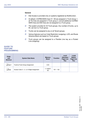 Page 428July 2003 NEC Business Solutions Ltd
418 – M5Multiple Trunk Groups
Doc. No. 8201 - Release 1.0
July 2003
General
	Dial Access is provided only on systems registered as Multifunction.
	At default, CO/PBX/ISDN lines 01~ 08 are assigned in Trunk Group 1,
all Tie lines are assigned in Trunk group 2, and all additional CO/PBX/
ISDN lines and DID lines are not assigned to a Trunk group.
	The system provides for 32 Trunk groups. Any number of trunks, up to
64, can be in a Trunk group.
	Trunks can be assigned to...