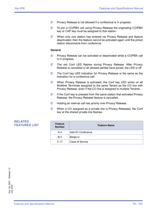 Page 475Xen IPK Features and Specifications Manual
Features and Specifications Manual P8 – 467
Doc. No. 8201 - Release 1.0
July 2003
	Privacy Release is not allowed if a conference is in progress.
	To join a CO/PBX call using Privacy Release the originating CO/PBX
key or CAP key must be assigned to that station.
	When only one station has entered via Privacy Release and feature
deactivated, then the feature cannot be activated again until the joined
station disconnects from conference.
General
	Privacy Release...