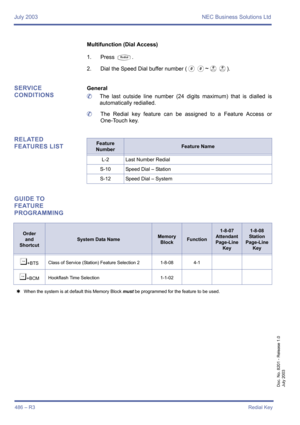 Page 494July 2003 NEC Business Solutions Ltd
486 – R3Redial Key
Doc. No. 8201 - Release 1.0
July 2003
Multifunction (Dial Access)
1. Press 
Q.
2. Dial the Speed Dial buffer number (
00~II).
SERVICE 
CONDITIONSGeneral
	The last outside line number (24 digits maximum) that is dialled is
automatically redialled.
	The Redial key feature can be assigned to a Feature Access or
One-Touch key. 
RELATED 
FEATURES LIST
GUIDE TO 
FEATURE 
PROGRAMMINGFeature 
NumberFeature Name
L-2 Last Number Redial
S-10 Speed Dial –...