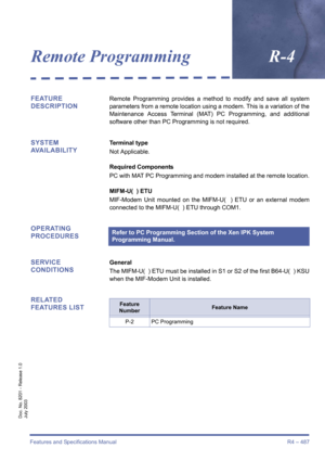 Page 495Features and Specifications Manual R4 – 487
Doc. No. 8201 - Release 1.0
July 2003
Remote ProgrammingR-4
FEATURE 
DESCRIPTIONRemote Programming provides a method to modify and save all system
parameters from a remote location using a modem. This is a variation of the
Maintenance Access Terminal (MAT) PC Programming, and additional
software other than PC Programming is not required.
SYSTEM 
AVAILABILITYTerminal type
Not Applicable.
Required Components
PC with MAT PC Programming and modem installed at the...