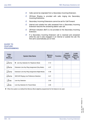Page 514July 2003 NEC Business Solutions Ltd
506 – S3Secondary Incoming Extension
Doc. No. 8201 - Release 1.0
July 2003
	Calls cannot be originated from a Secondary Incoming Extension.
	Off-Hook Ringing is provided with calls ringing into Secondary
Incoming Extensions. 
	Secondary Incoming Extensions cannot be set for Call Forward.
	Internal and outside line calls answered from a Secondary Incoming
Extension become the answering station user call.
	Off-Hook indication (BLF) is not provided on the Secondary...