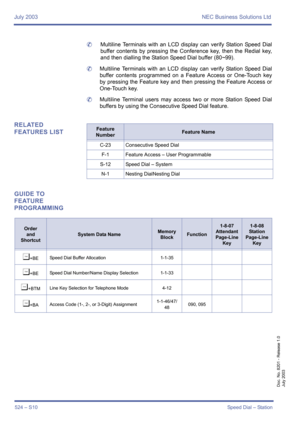Page 532July 2003 NEC Business Solutions Ltd
524 – S10Speed Dial – Station
Doc. No. 8201 - Release 1.0
July 2003
	Multiline Terminals with an LCD display can verify Station Speed Dial
buffer contents by pressing the Conference key, then the Redial key,
and then dialling the Station Speed Dial buffer (80~99).
	Multiline Terminals with an LCD display can verify Station Speed Dial
buffer contents programmed on a Feature Access or One-Touch key
by pressing the Feature key and then pressing the Feature Access or...