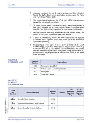 Page 539Xen IPK Features and Specifications Manual
Features and Specifications Manual S12 – 531
Doc. No. 8201 - Release 1.0
July 2003
	A pause, hookflash, 4, and # may be programmed into a System
Speed Dial buffer. Each item is counted as a digit, except the Trunk
and Trunk Group Access Code.
	The built-in battery backup on the CPUI(  )-U(  ) ETU retains System
Speed Dial memories if power fails.
	To verify System Speed Dial buffer contents, press the Conference
key, then the Redial key, and then dial the System...