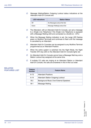 Page 56July 2003 NEC Business Solutions Ltd
46  – A11Attendant Add-On Console
Doc. No. 8201 - Release 1.0
July 2003
	Message Waiting/Station Outgoing Lockout status indications at the
Attendant Add-On Console are:
	The Attendant, with an Attendant Add-On Console, can set a message
to a Single Line Telephone if the Single Line Telephone is equipped
with a Message Waiting LED and connected to a SLI(8)-U(  ) ETU.
	When the Message Waiting indication is set, the Large LED flashes
green on Multiline Terminals and...