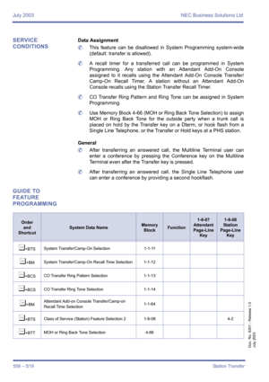 Page 564July 2003 NEC Business Solutions Ltd
556 – S19Station Transfer
Doc. No. 8201 - Release 1.0
July 2003
SERVICE 
CONDITIONSData Assignment
	This feature can be disallowed in System Programming system-wide
(default: transfer is allowed).
	A recall timer for a transferred call can be programmed in System
Programming. Any station with an Attendant Add-On Console
assigned to it recalls using the Attendant Add-On Console Transfer/
Camp-On Recall Timer. A station without an Attendant Add-On
Console recalls using...