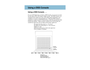 Page 6Using a DSS Console . . .If, as an ACD Supervisor, you have a DSS Console, you can use it to mon-
itor the status of the ACD Agents within a group.  The DSS Console is an
essential tool for supervisors since ACD Agent status monitoring is not
available on a keyset’s programmable keys.  When the DSS Console is
assigned to a supervisor, the 10 function keys in the last row become ACD
Group select buttons.  When you press a button for an ACD Group, the
console key flash rates tell you which of the group’s...