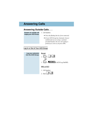 Page 2Answering Outside Calls . . .
1.  Lift handset.
Press the flashing line key if not connected.
If your ACD Group has Automatic Answer
enabled and you are using a customer-
provided headset, the next call waiting is
picked up as soon as you press SPK.
Log In or Out of Your ACD Group
Keyset
1.   +  .
OR
1.   +  (ACD Log On/Off).
DSL or SLT
1.  Lift handset.
2.  Dial  .
Log your extension
into the ACD Group:
Answer an outside call
ringing your ACD Group:
Answering Calls
92600ACDU03.qxd  3/12/01  11:14 AM...