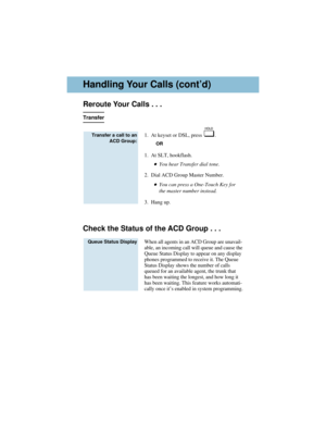 Page 6Reroute Your Calls . . .
Transfer
1.  At keyset or DSL, press  .
OR
1.  At SLT, hookflash.
You hear Transfer dial tone.
2.  Dial ACD Group Master Number.
You can press a One-Touch Key for
the master number instead.
3.  Hang up.
Check the Status of the ACD Group . . .
When all agents in an ACD Group are unavail-
able, an incoming call will queue and cause the
Queue Status Display to appear on any display
phones programmed to receive it. The Queue
Status Display shows the number of calls
queued for an...