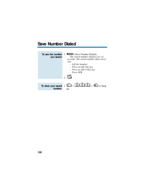 Page 1141. (Save Number Dialed).
The stored number displays for six
seconds. The stored number dials out if
you:
-  Lift the handset
-  Press an idle line key
-  Press an idle CALL key
-  Press SPK
2.
1. + + to hang
up.
To clear your saved
number:
To see the number
you saved:
Save Number Dialed
108 