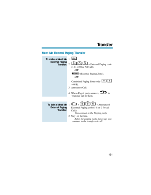 Page 127Meet Me External Paging Transfer
1.
2. + External Paging code
(1-8 or 0 for All Call).
OR
(External Paging Zone).
OR
Combined Paging Zone code (
+ 0-8).
3. Announce Call.
4. When Paged party answers,  to
Transfer call to them.
1. + + Announced
External Paging code (1-8 or 0 for All
Call).
You connect to the Paging party.
2. Stay on the line.
After the paging party hangs up, you
connect to the transferred call.
To join a Meet Me
External Paging
Transfer:
To make a Meet Me
External Paging
Transfer:...