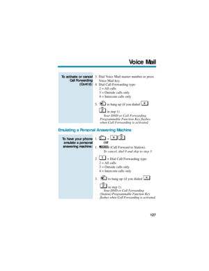 Page 1333. Dial Voice Mail master number or press
Voice Mail key.
4. Dial Call Forwarding type:
2 = All calls
3 = Outside calls only
4 = Intercom calls only
5. to hang up (if you dialed 
in step 1).
Your DND or Call Forwarding
Programmable Function Key flashes
when Call Forwarding is activated.
Emulating a Personal Answering Machine 
1. + .
OR
1. (Call Forward to Station).
To cancel, dial 0 and skip to step 3.
2. + Dial Call Forwarding type:
2 = All calls
3 = Outside calls only
4 = Intercom calls only
3. to hang...