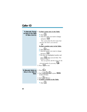 Page 364.To find a name entry in the Table:
Dial .Enter the name you want to change
and press  .
The system finds the first name that
matches the letters you entered.
OR
T
o find a number entry in the Table:
Dial (No).Dial the number you want to change
and press  .
Re-enter the highlighted number and
press  when you are done. You
return to Step 3.
You can quickly edit the name for the
selected number by pressing  .
5. Press to exit.
1. Press .
2. Dial or press 
(Caller ID Edit).
3. Dial (Delete).
4.T
o...