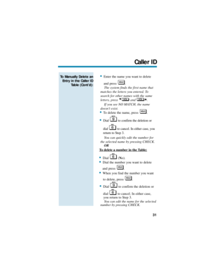 Page 37Enter the name you want to delete
and press  .
The system finds the first name that
matches the letters you entered. To
search for other names with the same
letters, press  and  .
If you see NO MATCH, the name
doesn’t exist.
To delete the name, press  .
Dial  to confirm the deletion or
dial  to cancel. In either case, you
return to Step 3.
You can quickly edit the number for
the selected name by pressing CHECK.
OR
T
o delete a number in the Table:
Dial (No).
Dial the number you want to delete
and...