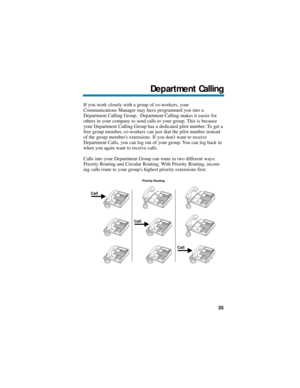 Page 41If you work closely with a group of co-workers, your
Communications Manager may have programmed you into a
Department Calling Group.  Department Calling makes it easier for
others in your company to send calls to your group. This is because
your Department Calling Group has a dedicated pilot number. To get a
free group member, co-workers can just dial the pilot number instead
of the group members extensions. If you dont want to receive
Department Calls, you can log out of your group. You can log back in...