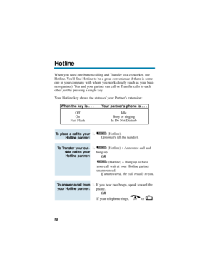 Page 64When you need one-button calling and Transfer to a co-worker, use
Hotline. Youll find Hotline to be a great convenience if there is some-
one in your company with whom you work closely (such as your busi-
ness partner). You and your partner can call or Transfer calls to each
other just by pressing a single key.
Your Hotline key shows the status of your Partners extension:
1. (Hotline).
Optionally lift the handset.
1. (Hotline) + Announce call and
hang up.
OR
(Hotline) + Hang up to have
your call wait at...