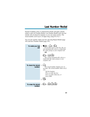 Page 67Instead of dialing a busy or unanswered outside call again, quickly
redial it with Last Number Redial. Last Number Redial stores the last
outside call you placed in memory so you can easily recall it. The
stored number can be up to 24 digits long, using 0-9, # or *.
You can also quickly redial your last call using Repeat Redial (page
103) and Save Number Dialed (page 107).
1. + + .
If you dont press a line key, the sys-
tem automatically selects a trunk from
the same group as your original call.
OR
+ ....