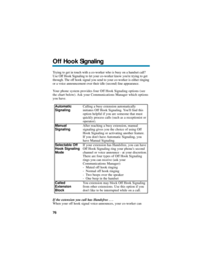 Page 82Trying to get in touch with a co-worker who is busy on a handset call?
Use Off Hook Signaling to let your co-worker know youre trying to get
through. The off hook signal you send to your co-worker is either ringing
or a voice announcement over their idle (second) line appearance.
Your phone system provides four Off Hook Signaling options (see
the chart below). Ask your Communications Manager which options
you have.
If the extension you call has Handsfree . . .
When your off hook signal voice-announces,...