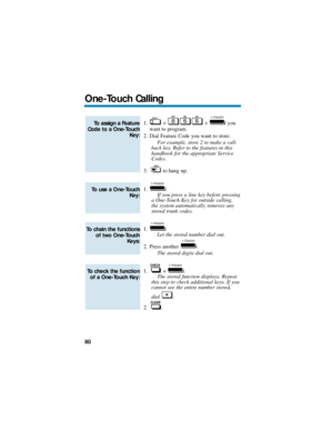 Page 861. + + you
want to program.
2. Dial Feature Code you want to store.
For example, store 2 to make a call-
back key. Refer to the features in this
handbook for the appropriate Service
Codes.
3. to hang up.
1.
If you press a line key before pressing
a One-Touch Key for outside calling,
the system automatically removes any
stored trunk codes.
1.
Let the stored number dial out. 
2. Press another  .
The stored digits dial out.
1. + .
The stored function displays. Repeat
this step to check additional keys. If...
