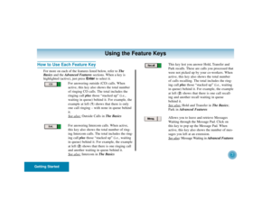 Page 7Getting Started
3
How to Use Each Feature Key
For more on each of the features listed below, refer to The
Basicsand the Advanced Featuressections. When a key is
highlighted (active), just press Enterto select it.
For answering outside (CO) calls. When
active, this key also shows the total number
of ringing CO calls. The total includes the
ringing call plusthose “stacked up” (i.e.,
waiting in queue) behind it. For example, the
example at left (1) shows that there is only
one call ringing – with none in...