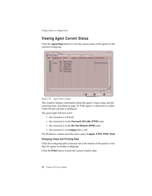 Page 60Using Center as a Supervisor 
52Center 4.0 User Guide
Viewing Agent Current Status
Click the Agent State button to view the current status of the agents for the 
selected workgroup. 
Figure 35. Agent State window
This window displays information about the agent’s logon status and the 
extension state, described on page 14. If the agent is connected to a caller, 
Caller ID and call data is displayed. 
The green light will turn red if:
• the extension is off hook.
• the extension is in the Forward All...