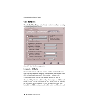 Page 44Configuring Your Station Features 
38N-TeliView 4.0 User Guide
Call Handling
Click the Call Handling tab in the Config window to configure incoming 
call handling for your extension. 
Figure 23. Call Handling configuration
Forwarding All Calls
If you want to forward calls to an external number, select a trunk access 
code in the drop-down list, then begin with the outside trunk or route access 
digit and any long distance prefix digits such as 1 and area code. 
If you want to use N-TeliFind, One Number...
