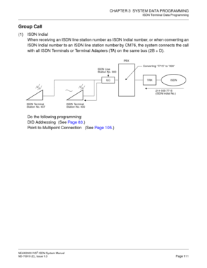 Page 122CHAPTER 3  SYSTEM DATA PROGRAMMING
ISDN Terminal Data Programming
NEAX2000 IVS2 ISDN System Manual    
ND-70919 (E), Issue 1.0   Page 111
Group Call
(1) ISDN Indial
When receiving an ISDN line station number as ISDN Indial number, or when converting an
ISDN Indial number to an ISDN line station number by CM76, the system connects the call
with all ISDN Terminals or Terminal Adapters (TA) on the same bus (2B + D).
Do the following programming:
DID Addressing  (See Page 83.)
Point-to-Multipoint Connection...