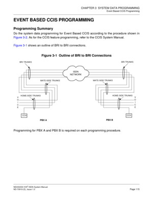 Page 126CHAPTER 3  SYSTEM DATA PROGRAMMING
Event Based CCIS Programming
NEAX2000 IVS2 ISDN System Manual    
ND-70919 (E), Issue 1.0   Page 115
EVENT BASED CCIS PROGRAMMING
Programming Summary
Do the system data programming for Event Based CCIS according to the procedure shown in
Figure 3-2. As for the CCIS feature programming, refer to the CCIS System Manual.
Figure 3-1 shows an outline of BRI to BRI connections.
Figure 3-1  Outline of BRI to BRI Connections
Programming for PBX A and PBX B is required on each...