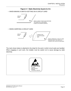 Page 48CHAPTER 2  INSTALLATION
Precautions
NEAX2000 IVS2 ISDN System Manual    
ND-70919 (E), Issue 1.0   Page 37
Figure 2-1  Static Electricity Guard (2 of 2)
 WHEN MAKING A SWITCH SETTING ON A CIRCUIT CARD
 WHEN CARRYING A CIRCUIT CARD
The mark shown below is attached to the sheet for the work in which circuit cards are handled.
When engaging in such work, the installer must be careful not to cause damage by static
electricity.
WEAR A WRIST STRAP AND PERFORM
THE WORK ON A GROUNDED
CONDUCTIVE WORK SURFACE....