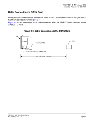 Page 58CHAPTER 2  INSTALLATION
Installation Procedure for ISDN-PRI
NEAX2000 IVS2 ISDN System Manual    
ND-70919 (E), Issue 1.0   Page 47
Cable Connection via CONN Card
When you use a coaxial cable, connect the cable to a NT1 equipment via the CONN (PZ-M542/
PZ-M557) card as shown in Figure 2-6. 
Figure 2-7 shows an example of the cable connection when the DTI/PRT card is mounted on the
AP05 slot of PIM0.
Figure 2-6  Cable Connection via the CONN Card
NT1
LTC0/LTC1/LTC2/LTC3 CONNECTORCOAXIAL CABLE DTI/PRT...