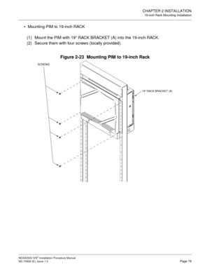 Page 105CHAPTER 2 INSTALLATION
19-inch Rack Mounting Installation
NEAX2000 IVS2 Installation Procedure Manual
ND-70928 (E), Issue 1.0Page 79
Mounting PIM to 19-inch RACK
(1) Mount the PIM with 19” RACK BRACKET (A) into the 19-inch RACK.
(2) Secure them with four screws (locally provided).
Figure 2-23  Mounting PIM to 19-inch Rack
19” RACK BRACKET (A) SCREWS 