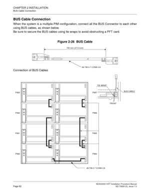 Page 108CHAPTER 2 INSTALLATION
BUS Cable Connection
NEAX2000 IVS2 Installation Procedure ManualPage 82ND-70928 (E), Issue 1.0
BUS Cable Connection
When the system is a multiple-PIM configuration, connect all the BUS Connector to each other
using BUS cables, as shown below.
Be sure to secure the BUS cables using tie wraps to avoid obstructing a PFT card.
Figure 2-26  BUS Cable
Connection of BUS Cables
700 mm (27.6 inch)
48-TW-0.7 CONN CA
P 
W 
R
P 
W 
R
P 
W 
R
P 
W 
R
P 
W 
R
P 
W 
R
P 
W 
R
P 
W 
R PIM3
PIM2...