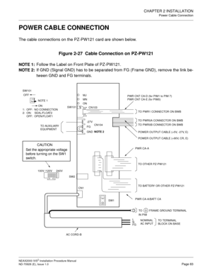 Page 109CHAPTER 2 INSTALLATION
Power Cable Connection
NEAX2000 IVS2 Installation Procedure Manual
ND-70928 (E), Issue 1.0Page 83
POWER CABLE CONNECTION
The cable connections on the PZ-PW121 card are shown below.
Figure 2-27  Cable Connection on PZ-PW121
NOTE 1:
Follow the Label on Front Plate of PZ-PW121.
NOTE 2:
If GND (Signal GND) has to be separated from FG (Frame GND), remove the link be-
tween GND and FG terminals.
MJ
MN
TO AUXILIARY 
EQUIPMENT  
1:  OFF:  NO CONNECTION 
2:  ON:    SEAL/FLOAT2 
     OFF:...