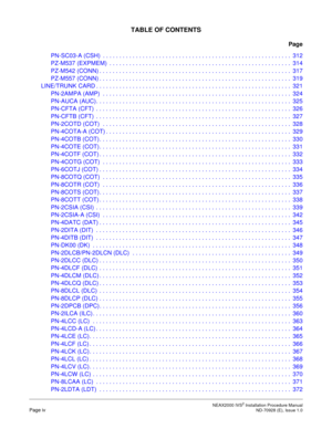 Page 12 NEAX2000 IVS2 Installation Procedure ManualPage iv  ND-70928 (E), Issue 1.0
TABLE OF CONTENTS
Page
PN-SC03-A (CSH)  . . . . . . . . . . . . . . . . . . . . . . . . . . . . . . . . . . . . . . . . . . . . . . . . . . . . . . . . .  312
PZ-M537 (EXPMEM)  . . . . . . . . . . . . . . . . . . . . . . . . . . . . . . . . . . . . . . . . . . . . . . . . . . . . . . .  314
PZ-M542 (CONN) . . . . . . . . . . . . . . . . . . . . . . . . . . . . . . . . . . . . . . . . . . . . . . . . . . . . . . . . . .  317...