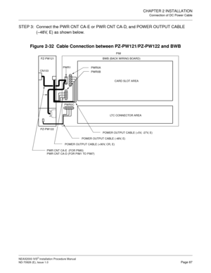 Page 113CHAPTER 2 INSTALLATION
Connection of DC Power Cable
NEAX2000 IVS2 Installation Procedure Manual
ND-70928 (E), Issue 1.0Page 87
STEP 3:  Connect the PWR CNT CA-E or PWR CNT CA-D, and POWER OUTPUT CABLE 
(–48V, E) as shown below.
Figure 2-32  Cable Connection between PZ-PW121/PZ-PW122 and BWB
PWR CNT CA-E  (FOR PIM0) 
PWR CNT CA-D (FOR PIM1 TO PIM7)PWR0B PWR1 PZ-PW121 BWB (BACK WIRING BOARD)PIM
PWR0CPWR0A
POWER OUTPUT CABLE (+90V, CR, E) PZ-PW122
POWER OUTPUT CABLE (+5V, -27V, E)
POWER OUTPUT CABLE (-48V,...