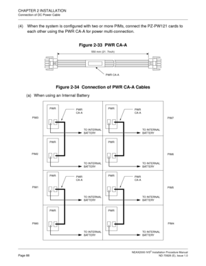 Page 114CHAPTER 2 INSTALLATION
Connection of DC Power Cable
NEAX2000 IVS2 Installation Procedure ManualPage 88ND-70928 (E), Issue 1.0
(4) When the system is configured with two or more PIMs, connect the PZ-PW121 cards to 
each other using the PWR CA-A for power multi-connection.
Figure 2-33  PWR CA-A
Figure 2-34  Connection of PWR CA-A Cables
(a) When using an Internal Battery
550 mm (21. 7inch)
PWR CA-A
PIM3
TO INTERNAL 
BATTERY PWR
PWR 
CA-A
PIM2
PIM1PIM7
PIM6
PIM5
PIM4 PIM0
TO INTERNAL 
BATTERY PWR
TO...