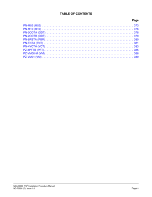 Page 13TABLE OF CONTENTS
Page
NEAX2000 IVS2 Installation Procedure Manual    
ND-70928 (E), Issue 1.0   Page v
PN-M03 (M03)  . . . . . . . . . . . . . . . . . . . . . . . . . . . . . . . . . . . . . . . . . . . . . . . . . . . . . . . . . . . .  373
PN-M10 (M10)  . . . . . . . . . . . . . . . . . . . . . . . . . . . . . . . . . . . . . . . . . . . . . . . . . . . . . . . . . . . .  376
PN-2ODTA (ODT) . . . . . . . . . . . . . . . . . . . . . . . . . . . . . . . . . . . . . . . . . . . . . . . . . . . . . . . ....