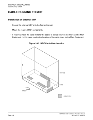 Page 128CHAPTER 2 INSTALLATION
Cable Running to MDF
NEAX2000 IVS2 Installation Procedure ManualPage 102ND-70928 (E), Issue 1.0
CABLE RUNNING TO MDF
Installation of External MDF
Secure the external MDF onto the floor or the wall.
Mount the required MDF components.
If required, install the cable ducts for the cables to be laid between the MDF and the Main 
Equipment.  In this case, confirm the locations of the cable holes for the Main Equipment.
Figure 2-42  MDF Cable Hole Location
BASE MODULE
 : CABLE HOLE FRONT 