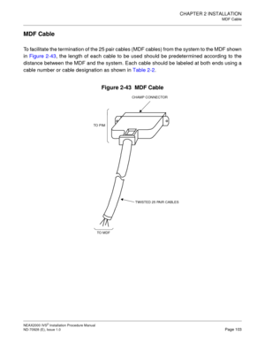 Page 129CHAPTER 2 INSTALLATION
MDF Cable
NEAX2000 IVS2 Installation Procedure Manual
ND-70928 (E), Issue 1.0Page 103
MDF Cable
To facilitate the termination of the 25 pair cables (MDF cables) from the system to the MDF shown
in Figure 2-43, the length of each cable to be used should be predetermined according to the
distance between the MDF and the system. Each cable should be labeled at both ends using a
cable number or cable designation as shown in Table 2-2.
Figure 2-43  MDF Cable
TO  P I MCHAMP CONNECTOR...