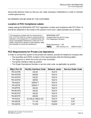 Page 21REGULATORY INFORMATION
FCC Part 68 Registration
NEAX2000 IVS2 Installation Procedure Manual
ND-70928 (E), Issue 1.0Page xiii
will provide advance notice so that you can make necessary modifications in order to maintain
uninterrupted service.
NO REPAIRS CAN BE DONE BY THE CUSTOMER.
Location of FCC Compliance Labels
Labels stating the NEAX2000 IVS2 FCC registration number and compliance with FCC Par ts 15
and 68 are attached on the inside of the system’s front cover. Label examples are as follows:
FCC...