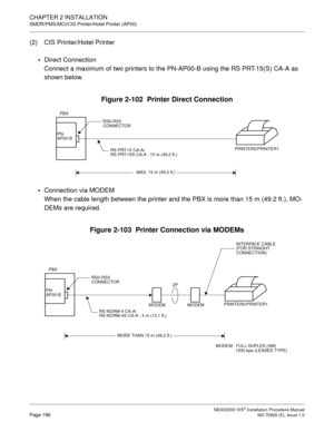 Page 222CHAPTER 2 INSTALLATION
SMDR/PMS/MCI/CIS Printer/Hotel Printer (AP00)
NEAX2000 IVS2 Installation Procedure ManualPage 196ND-70928 (E), Issue 1.0
(2) CIS Printer/Hotel Printer

Direct Connection
Connect a maximum of two printers to the PN-AP00-B using the RS PRT-15(S) CA-A as 
shown below.
Figure 2-102  Printer Direct Connection

Connection via MODEM
When the cable length between the printer and the PBX is more than 15 m (49.2 ft.), MO-
DEMs are required.
Figure 2-103  Printer Connection via MODEMs...