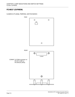 Page 340CHAPTER 3 LAMP INDICATIONS AND SWITCH SETTINGS
PZ-M537 (EXPMEM)
NEAX2000 IVS2 Installation Procedure ManualPage 314ND-70928 (E), Issue 1.0
PZ-M537 (EXPMEM)
Locations of Lamps, Switches, and Connectors
FA C E
REAR
CONNR: To CONN connector on 
PN-CP14 (MP) or
PN-AP00-B (AP00)
CONNR
SW 