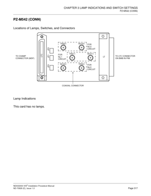 Page 343CHAPTER 3 LAMP INDICATIONS AND SWITCH SETTINGS
PZ-M542 (CONN)
NEAX2000 IVS2 Installation Procedure Manual
ND-70928 (E), Issue 1.0Page 317
PZ-M542 (CONN)
Locations of Lamps, Switches, and Connectors
Lamp Indications
This card has no lamps.
JP2
RCV21
FOR 
No.2 
CIRCUIT 
 
LT CJP1LTTO LTC CONNECTOR 
ON BWB IN PIM TO CHAMP 
CONNECTOR (MDF)
JP0
TRS21
TRS01
FOR 
No.0 
CIRCUIT
COAXIAL CONNECTORRCV01
RCV11
FOR 
No.1 
CIRCUITTRS11 