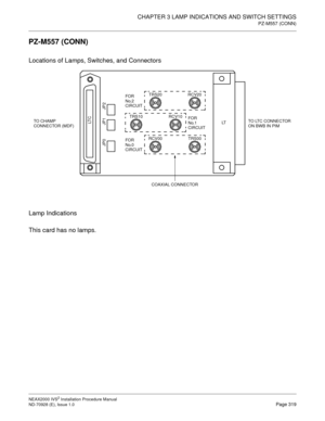 Page 345CHAPTER 3 LAMP INDICATIONS AND SWITCH SETTINGS
PZ-M557 (CONN)
NEAX2000 IVS2 Installation Procedure Manual
ND-70928 (E), Issue 1.0Page 319
PZ-M557 (CONN)
Locations of Lamps, Switches, and Connectors
Lamp Indications
This card has no lamps.
JP2
RCV20
FOR 
No.2 
CIRCUIT 
 
LT CJP1LTTO LTC CONNECTOR 
ON BWB IN PIM TO CHAMP 
CONNECTOR (MDF)
JP0
TRS20
TRS00
FOR 
No.0 
CIRCUIT
COAXIAL CONNECTORRCV00RCV10
FOR 
No.1 
CIRCUIT
TRS10 