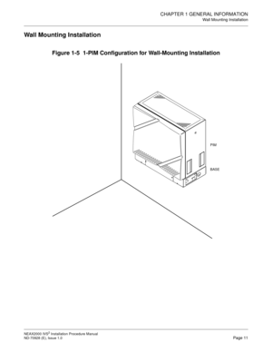 Page 37CHAPTER 1 GENERAL INFORMATION
Wall Mounting Installation
NEAX2000 IVS2 Installation Procedure Manual
ND-70928 (E), Issue 1.0Page 11
Wall Mounting Installation
Figure 1-5  1-PIM Configuration for Wall-Mounting Installation
PIM
BASE 